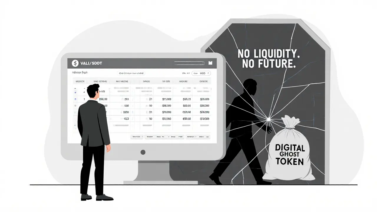 An investor facing an empty trading order book while a shadow walks away with a &#039;Digital Ghost Token&#039; trash bag.