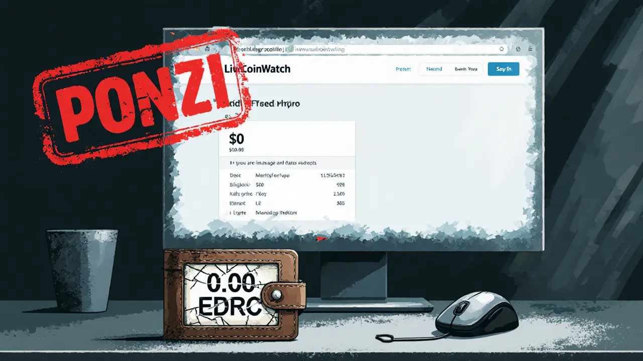 An outdated crypto wallet showing zero balance on a dusty desk beside a broken monitor.