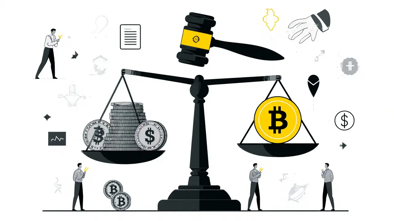 Balance scale with Treasuries vs WLFI token, blockchain gavel above