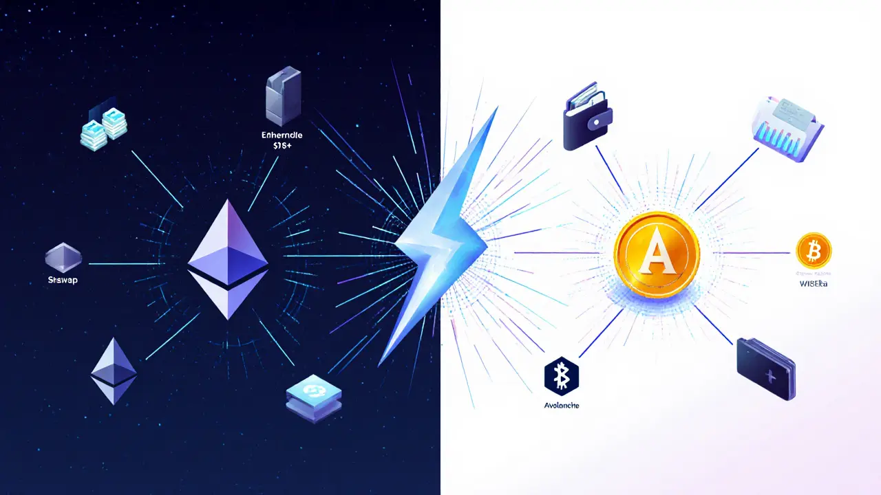 Comparison of slow Ethereum transactions versus fast Avalanche trades on a DeFi interface.
