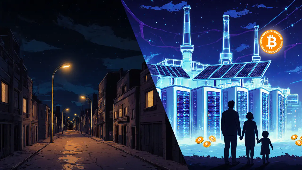 Contrast between a power-outage city and a brightly lit crypto mine consuming electricity.