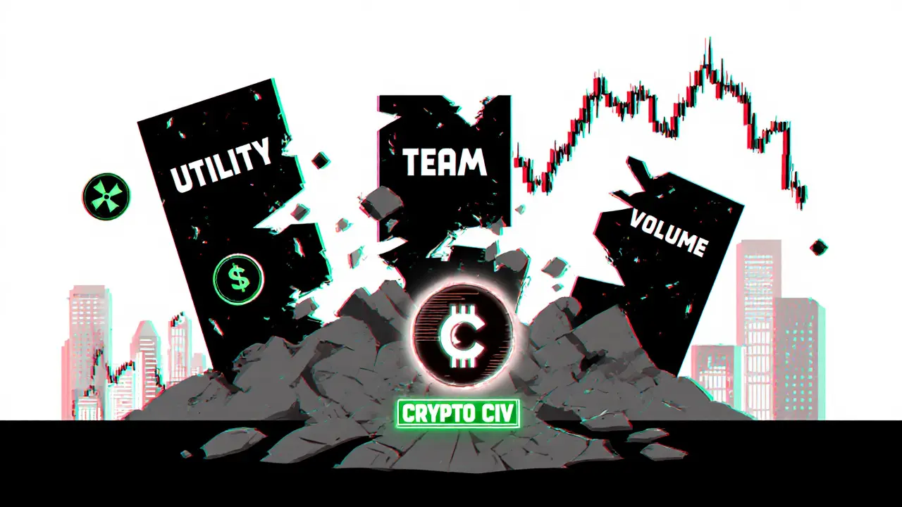 Crumbing towers of crypto fundamentals with a misleading mobile game icon glowing in foreground