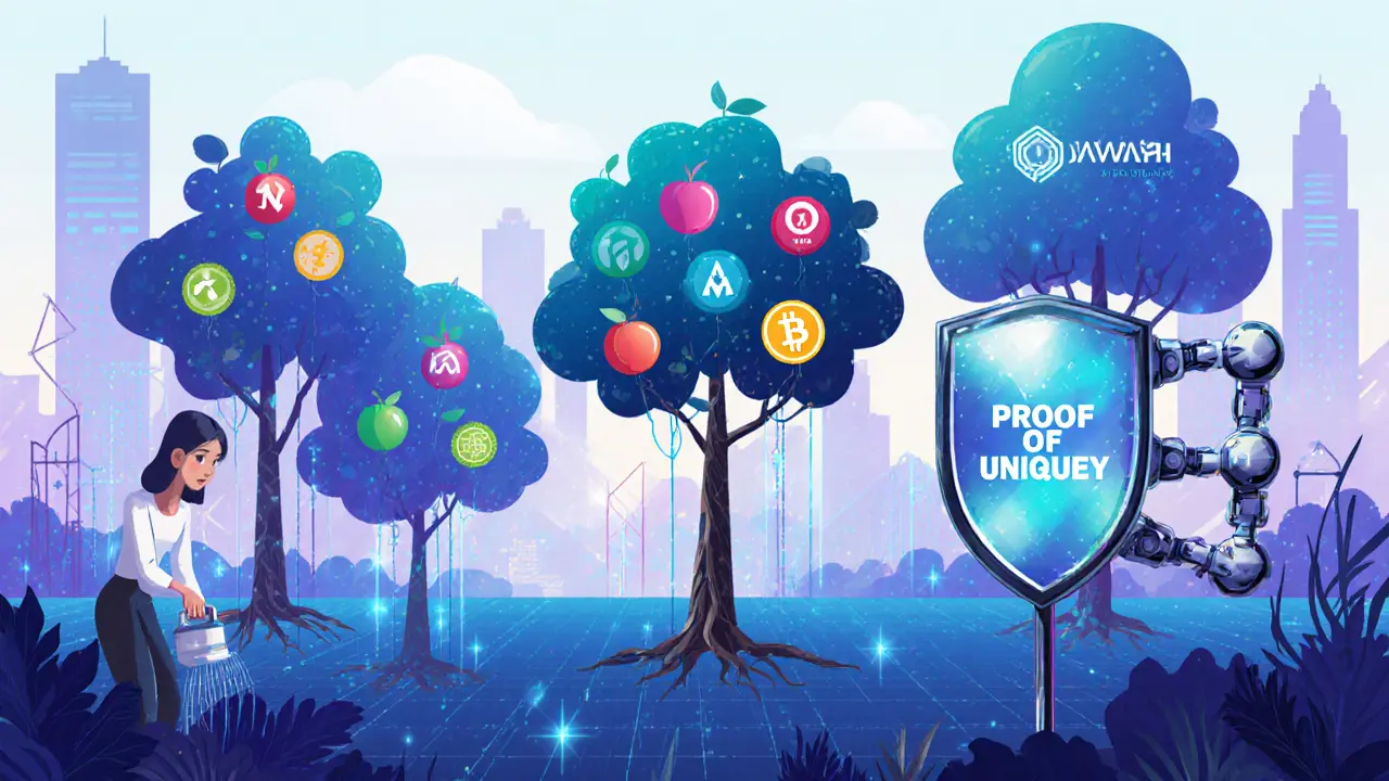 DeFi protocols as trees growing from blockchain roots, bearing token fruit, with bot farms being blocked.