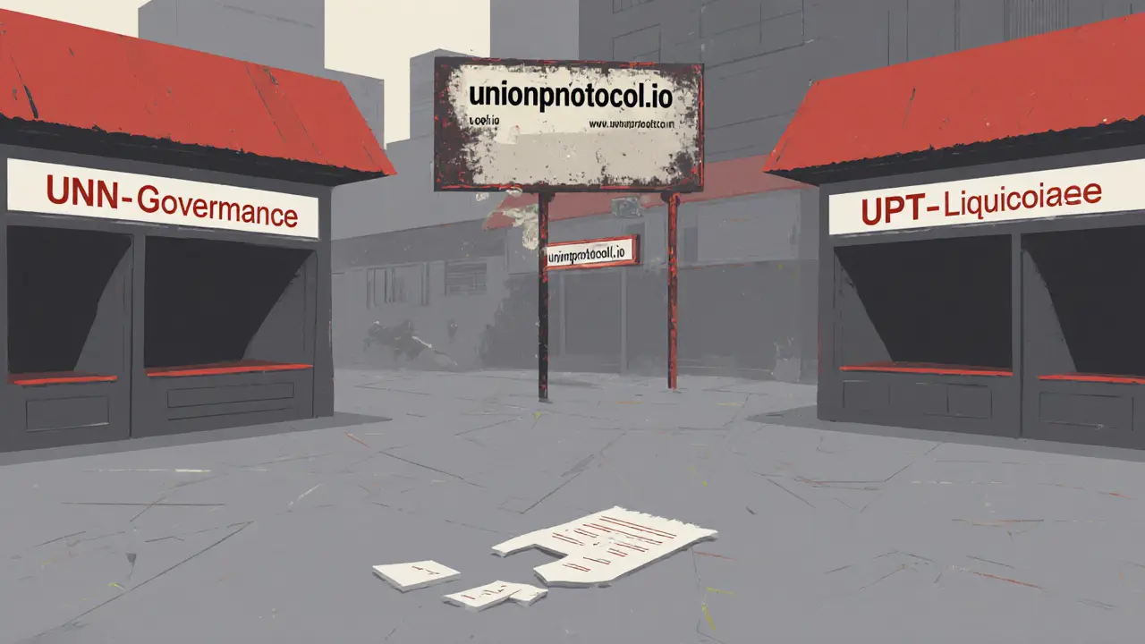 Empty DeFi governance stalls with a broken voting ballot on the ground.