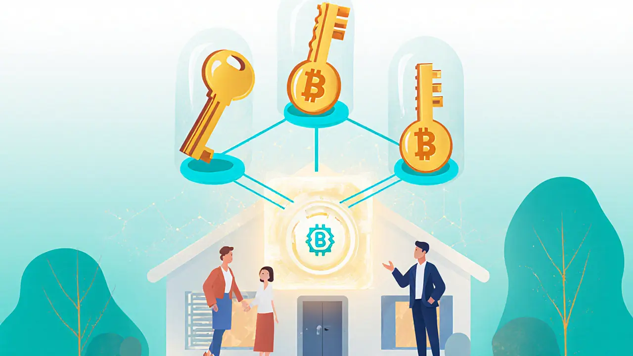 Family with three digital keys accessing a crypto safe, representing inheritance and shared access.