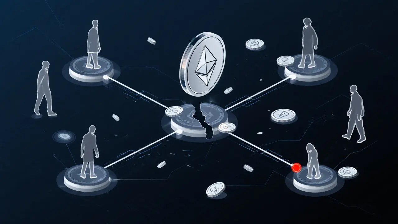 Floating GEO token above broken blockchain connection with fading users.