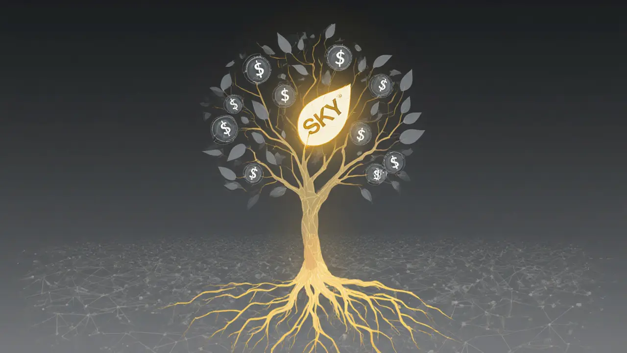 Fragile SKY token tree with one glowing leaf labeled Scroll in a vast empty network