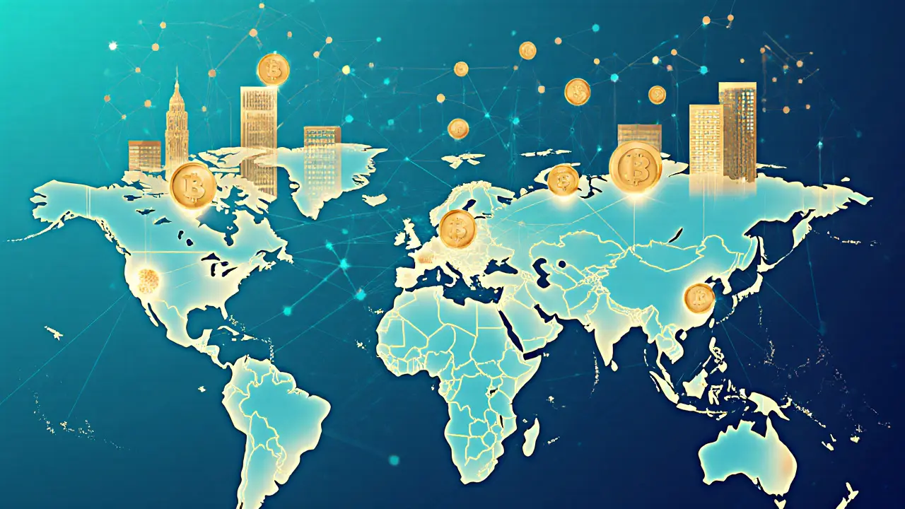 Global map showing crypto adoption pathways between U.S., Asia, and Ukraine with ETF and stablecoin icons.