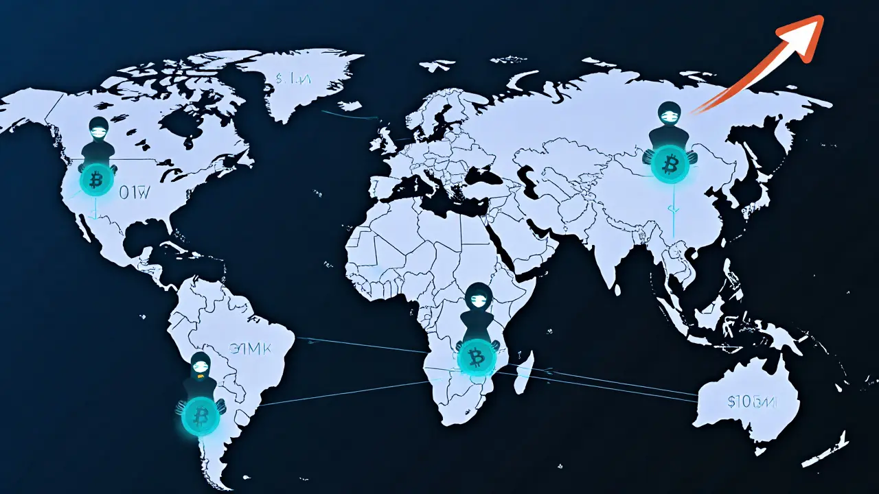 Global map with encrypted data streams connecting masked users holding ZSD coins, representing Zephyr&#039;s international privacy users.