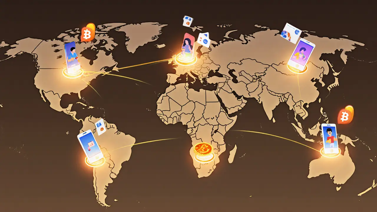 Global map with glowing regions showing BBQCOIN user hotspots and token flows.