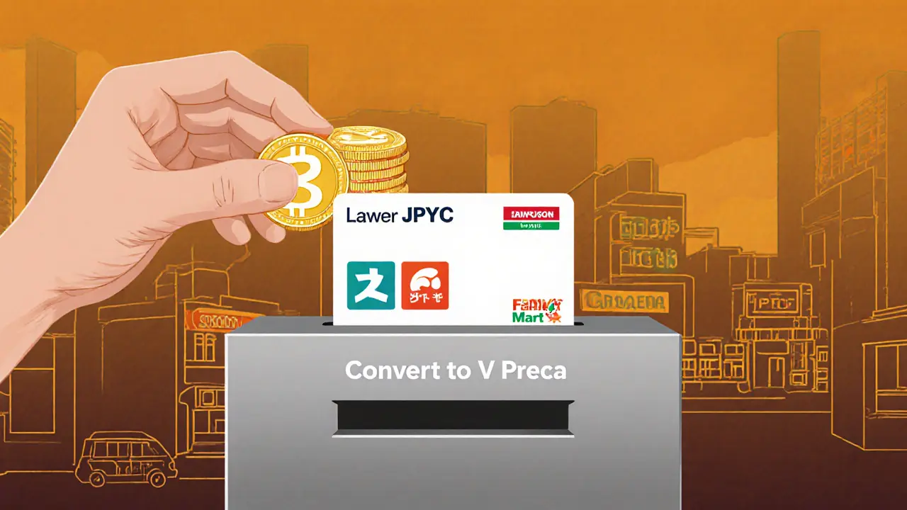 Hand converting digital JPYC tokens into a physical V Preca gift card for Japanese stores.