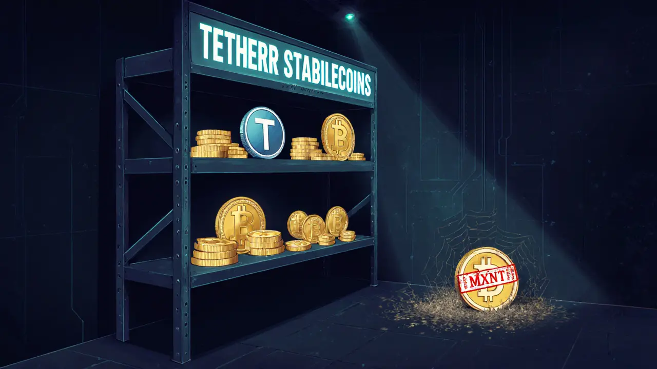 MXNt sits dusty and forgotten on a shelf among thriving stablecoins, labeled with a 2022 date.