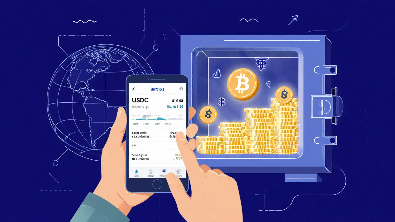 Person holds phone with USDC balance as digital Treasury bonds glow behind.