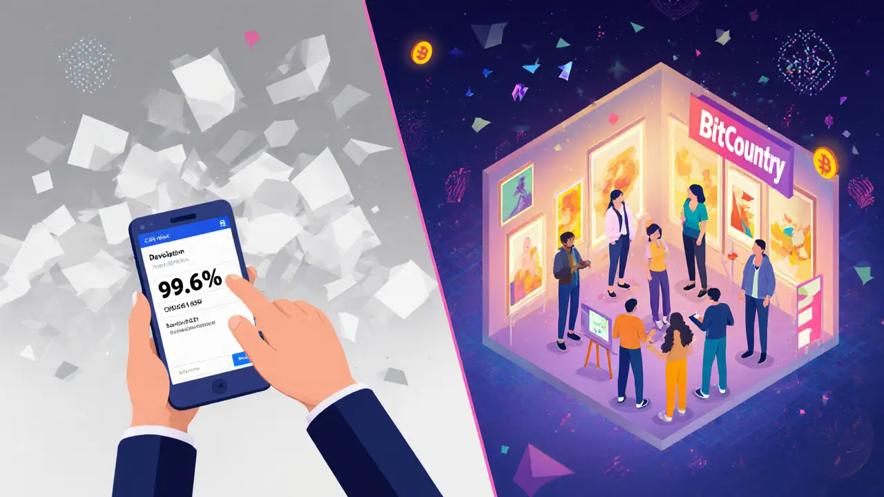 Person transitioning from market disappointment to active creation in a Bit.Country virtual gallery.