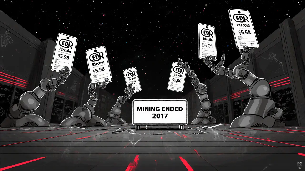 Robotic bots display impossible EDRCoin prices above an empty auction block in a digital void.