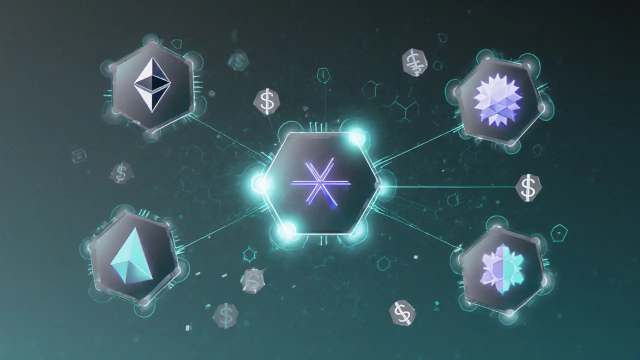 Six blockchain networks connected as floating nodes with uneven dollar signs indicating price differences.