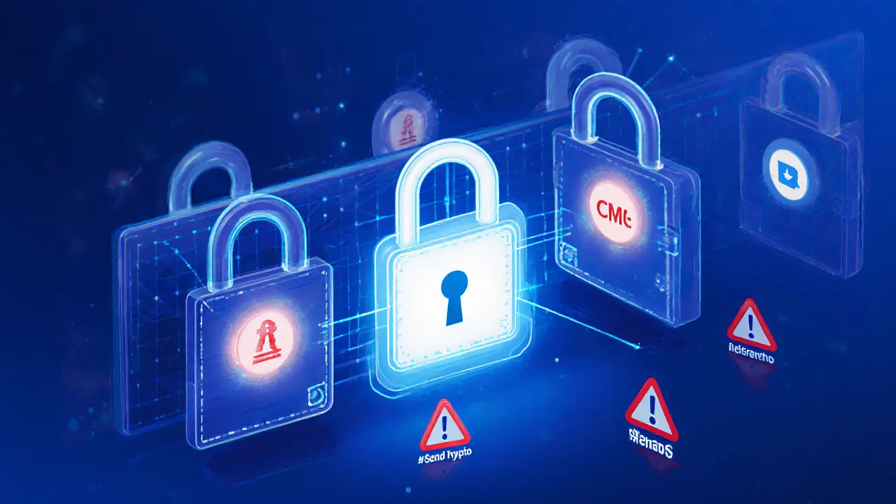 Snapshot moment with only active wallets illuminated, others dimmed, surrounded by scam warnings.