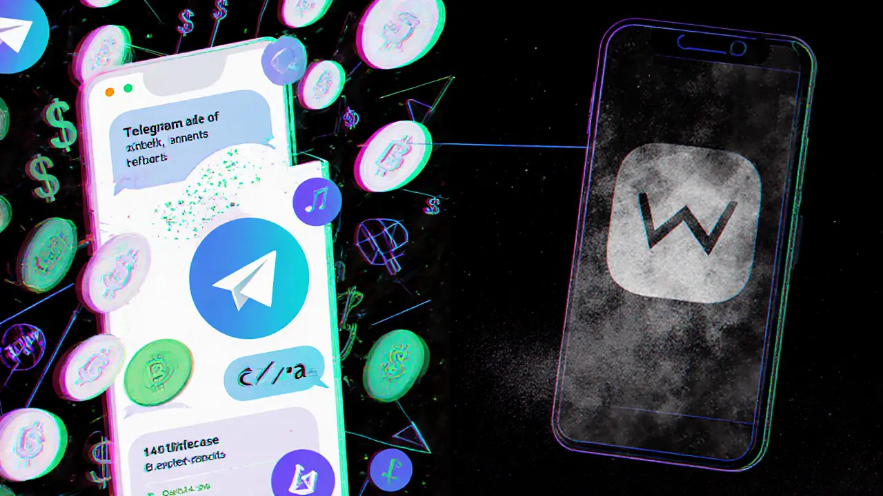 Split scene: active referral chat vs. abandoned app on a dusty phone.