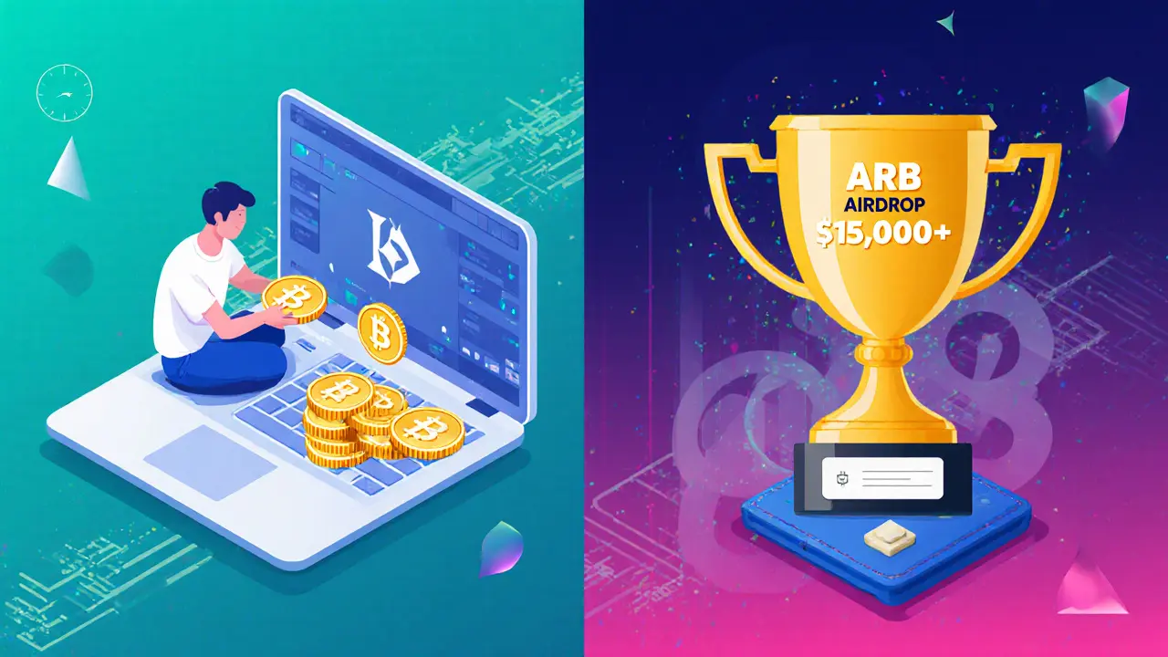 Split scene: casual crypto user and a large airdrop trophy appearing above their wallet.