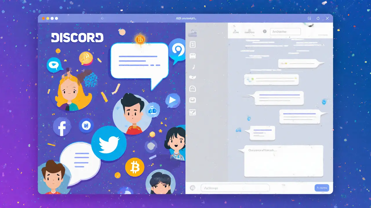 Split-screen: active crypto community vs. frozen, empty Discord and social channels.