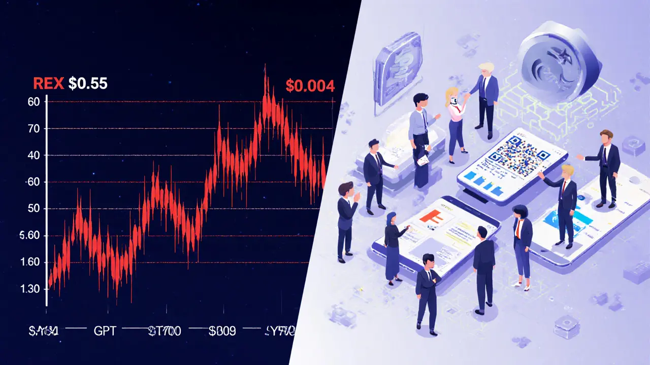 Split view of REX price crash on left and thriving AI app ecosystem on right.