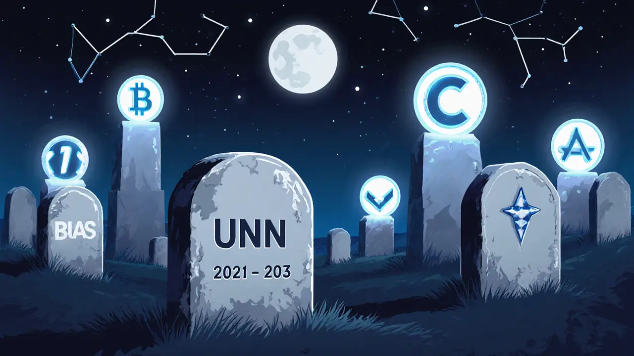 UNN tombstone in a crypto graveyard beside thriving tokens like UNI and AAVE.