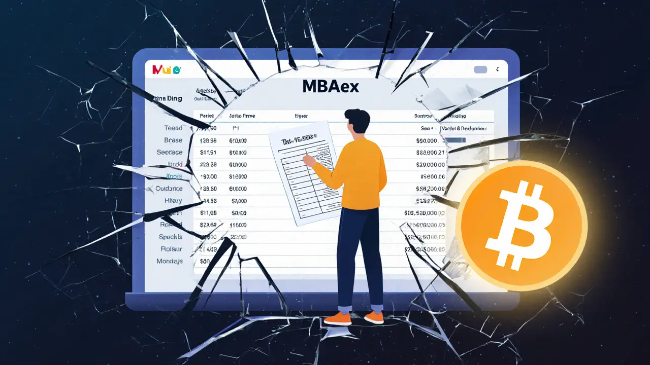 User holding transaction paper as MBAex screen shatters, with tax software glowing nearby