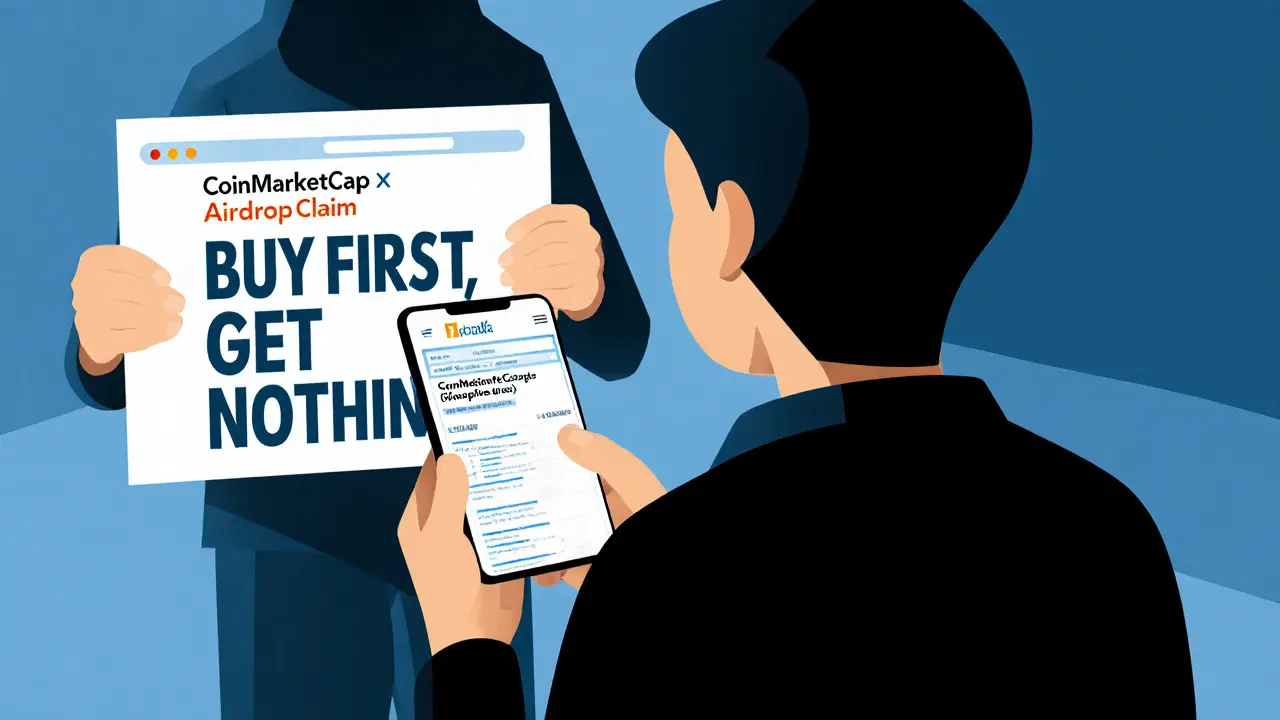 User looking at fake airdrop webpage while shadowy figure holds &#039;Buy First, Get Nothing&#039; sign.
