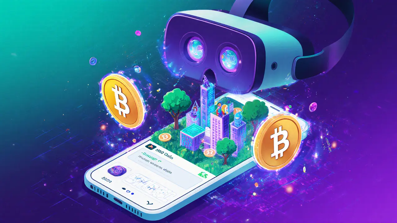 VR headset above phone, transitioning from tap game to a 3D token-based virtual world.