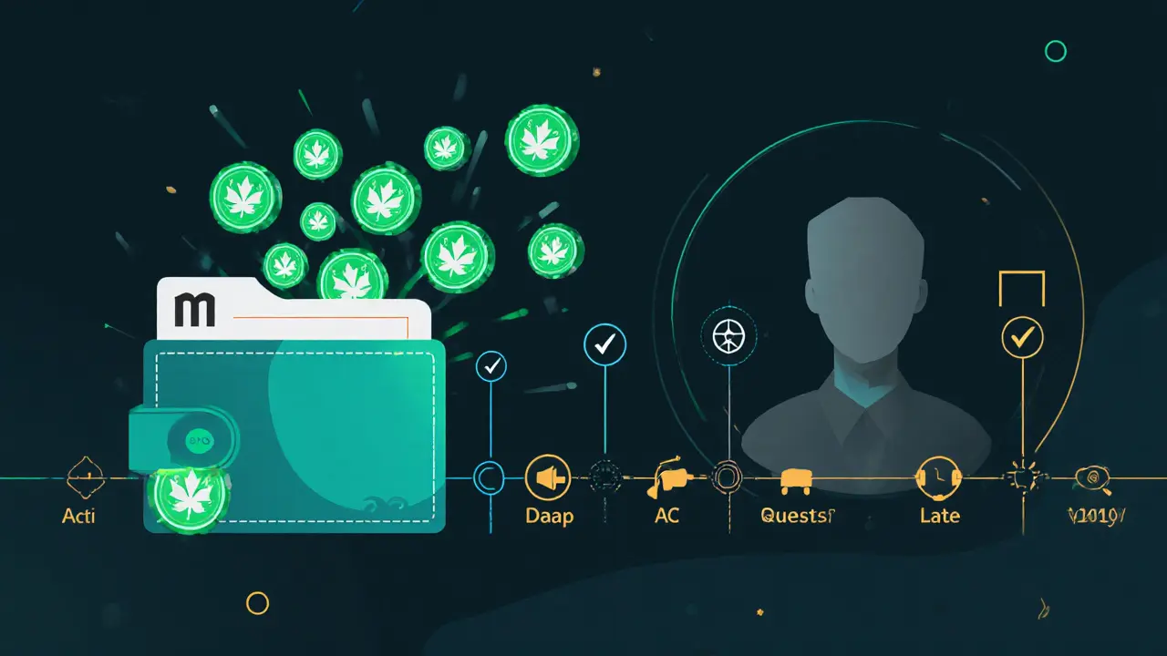 Wallet receiving EPCOIN tokens shaped like leaves, with activity timeline showing early participation.