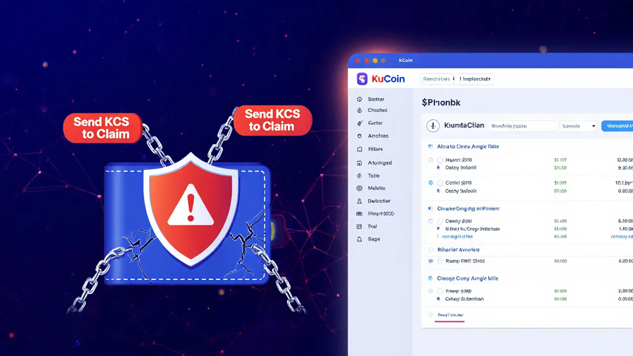 Wallet under warning shield connected to fake claim buttons, contrasted with verified KuCoin dashboard.