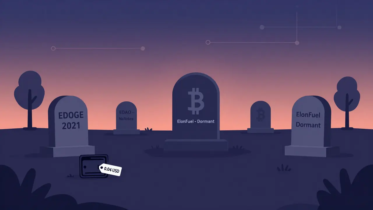 A crypto graveyard with tombstones for dead tokens under a twilight sky, a lone wallet with a 4-cent tag.