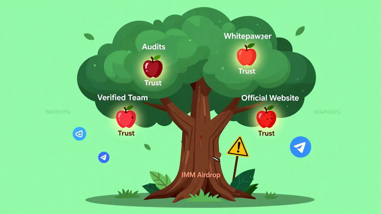 A digital trust tree with verified criteria bearing fruit, beside a rotting scam stump labeled 'IMM Airdrop'.