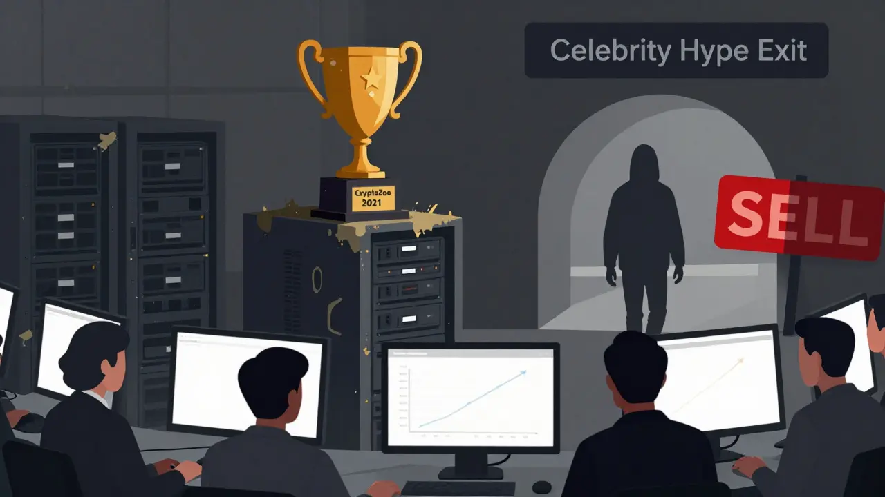 A forgotten trophy on a dusty server rack as a shadowy figure walks away from disappointed investors.