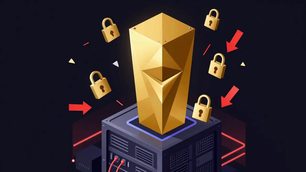 A futuristic validator node tower with golden ETH symbols and red slashing warnings, set against a dark server rack background.