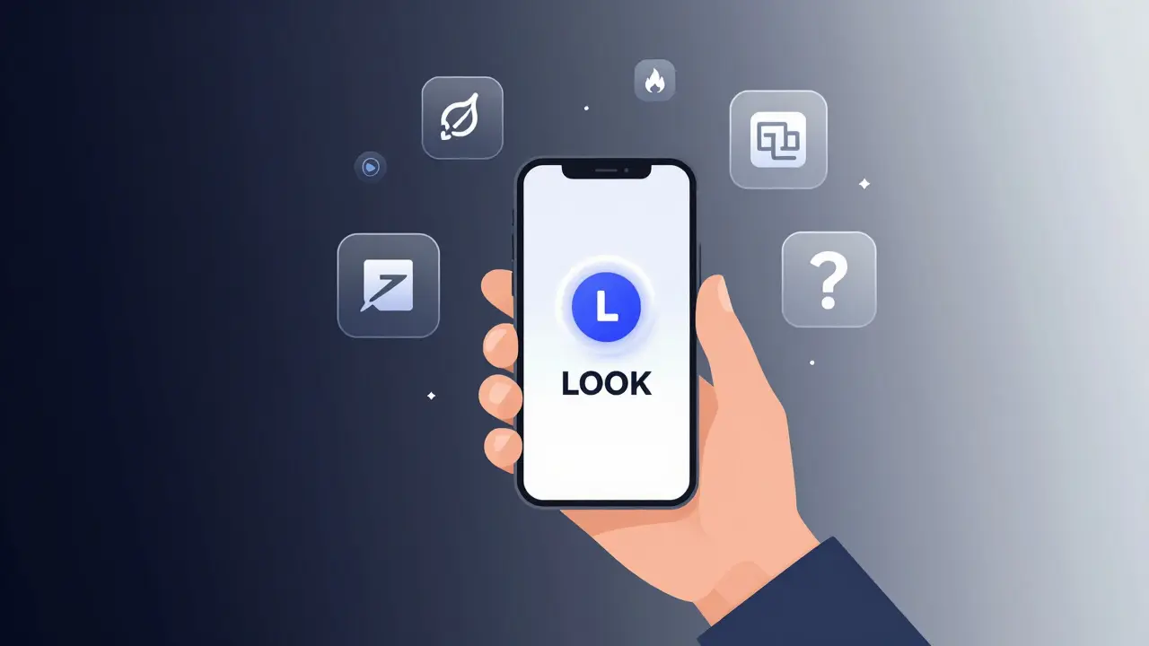 A hand holding a phone showing a LOOK token balance, surrounded by exchange icons and a flame of community passion.