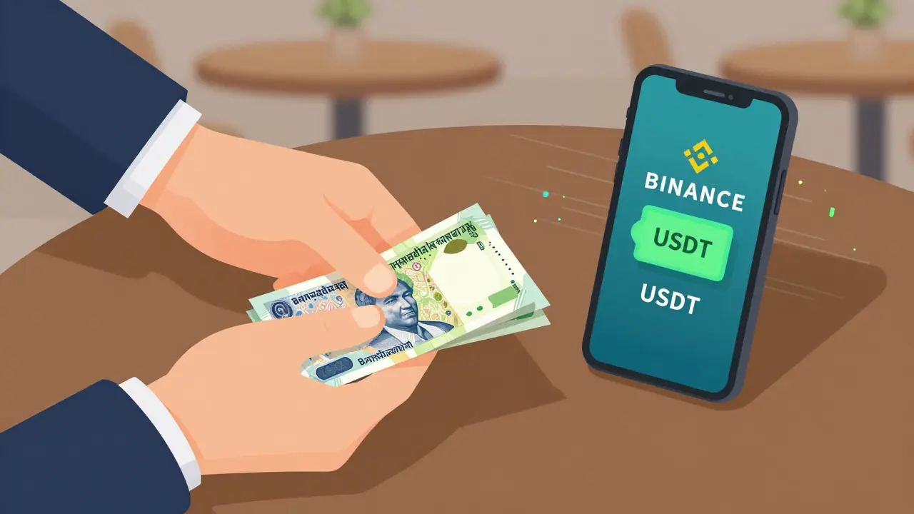 A person exchanging cash for USDT via smartphone in a quiet café transaction.