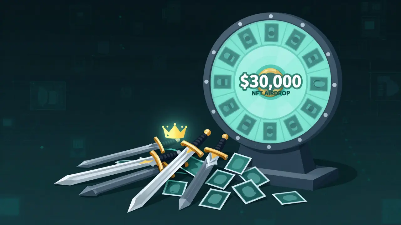 A spinning lottery wheel for an NFT airdrop with only one glowing crown among many empty NFT frames.