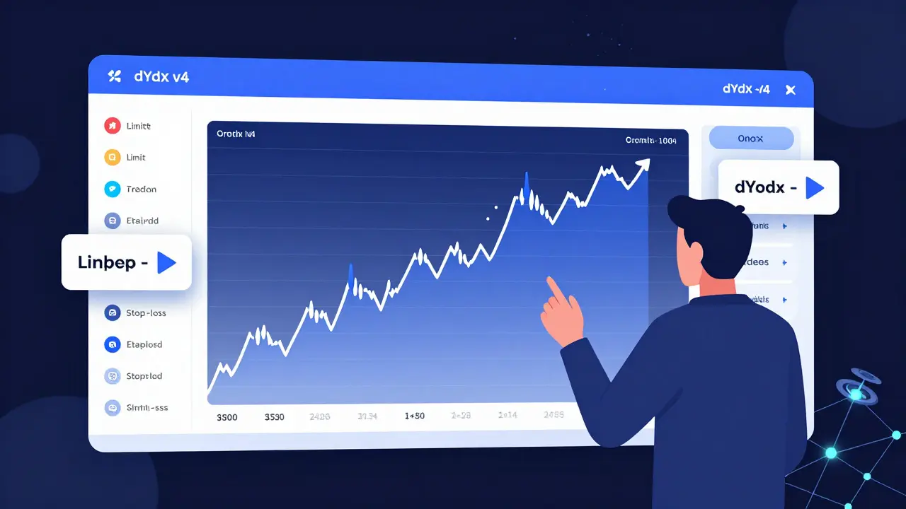 A trader using a dYdX interface with limit orders and stop-loss triggers, showing gradual order fills and a decentralized validator network.