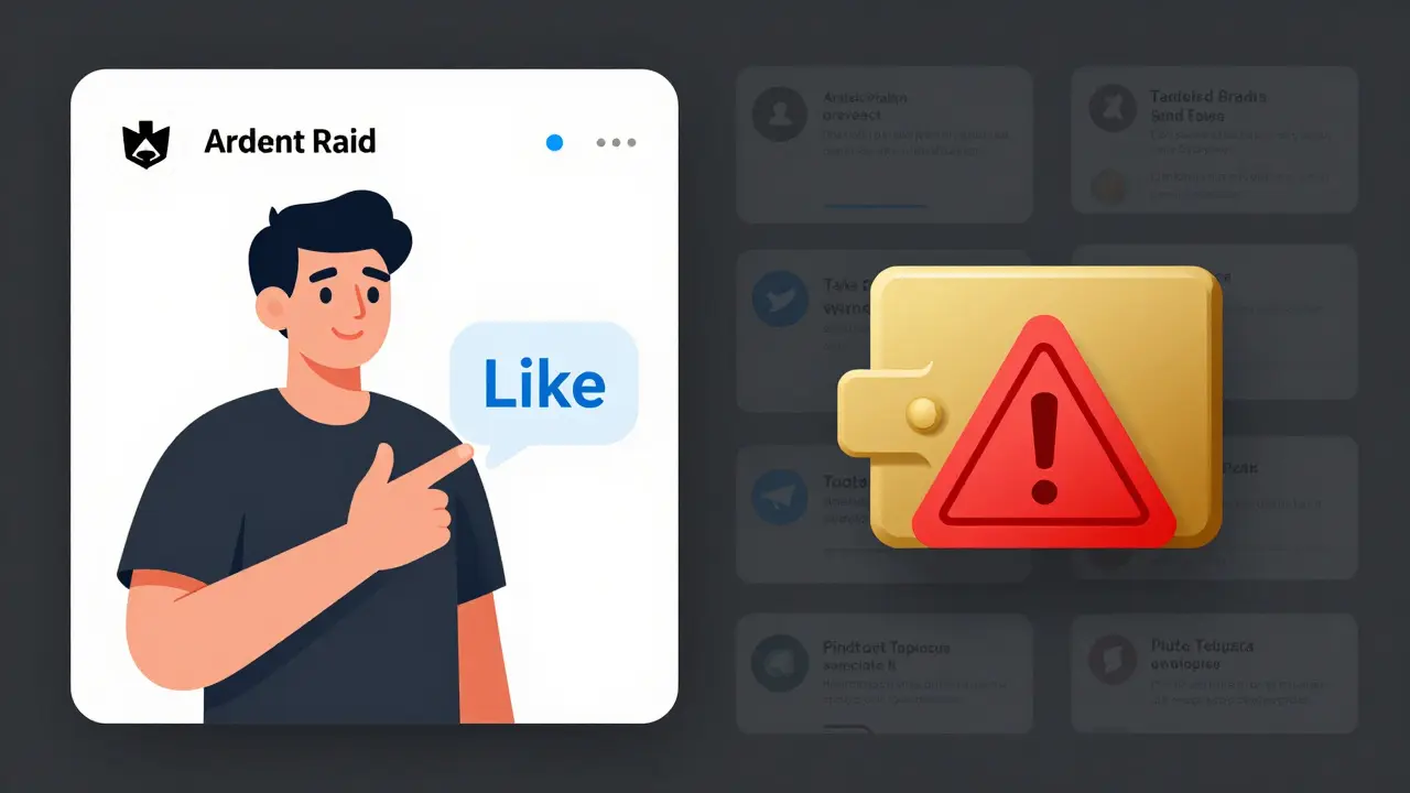 A user liking a social media post while disconnected wallets and fake groups loom in the background.