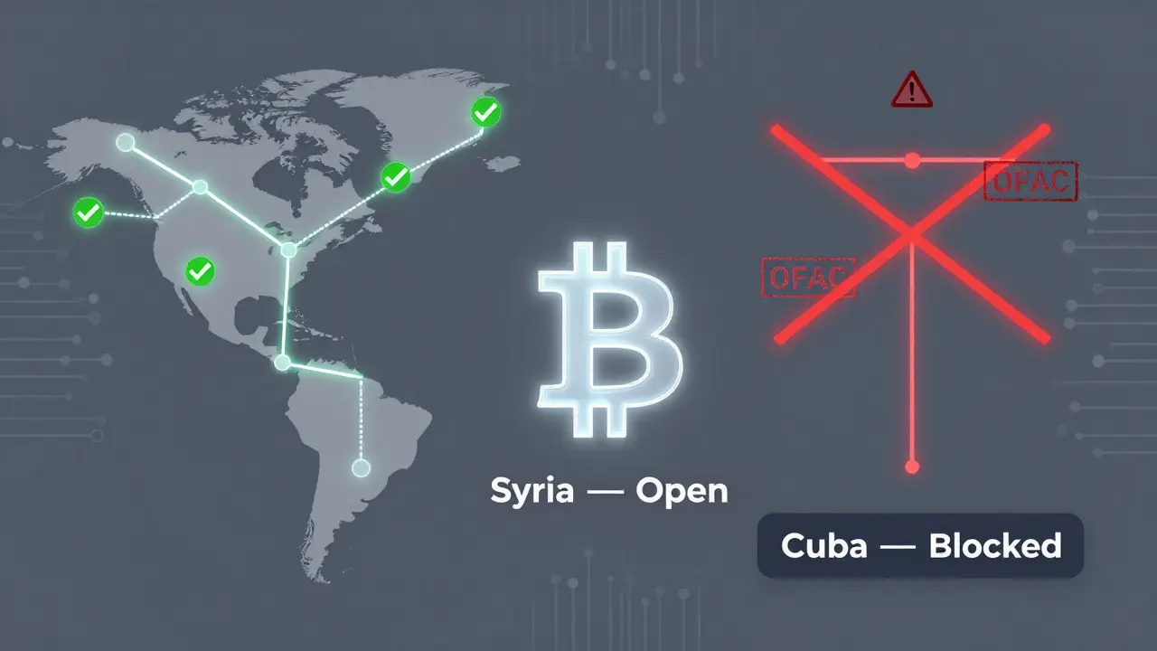 Blockchain transaction map with green paths to Syria and red blocked paths to Cuba, featuring OFAC audit stamps and warning signs.