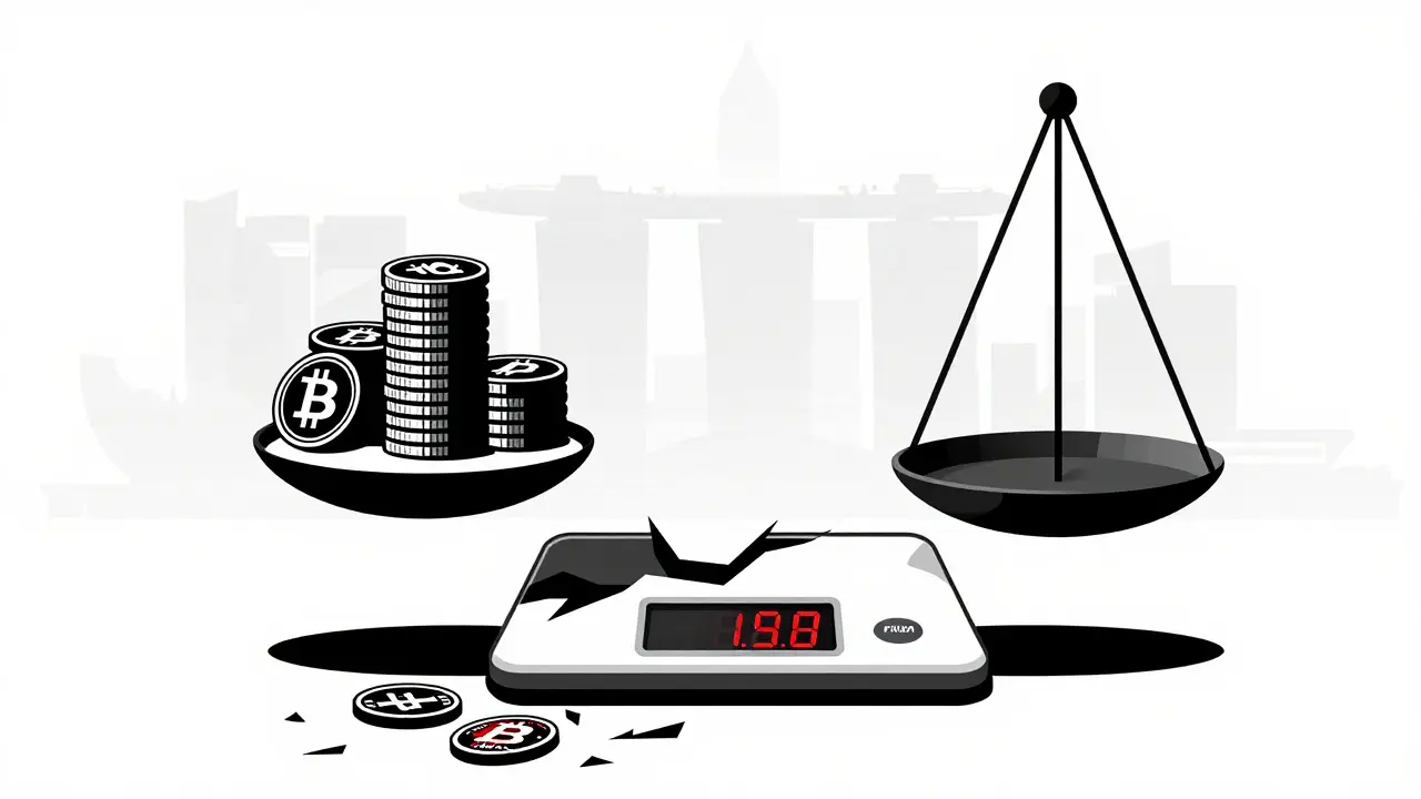 Broken scale with crypto coins on one side and shattered regulatory badges on the ground, against a fading city skyline.