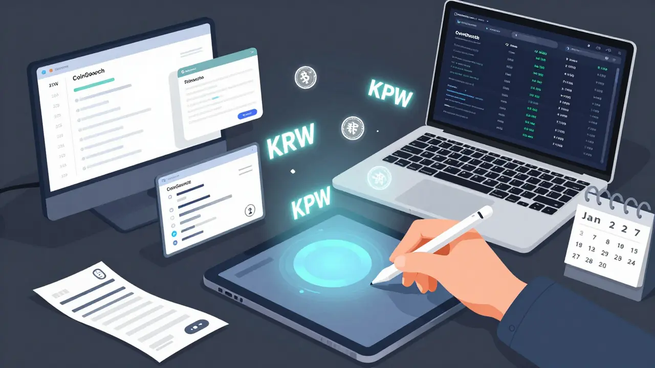 Cluttered desk with crypto transactions and calendar marking January 2027 tax deadline