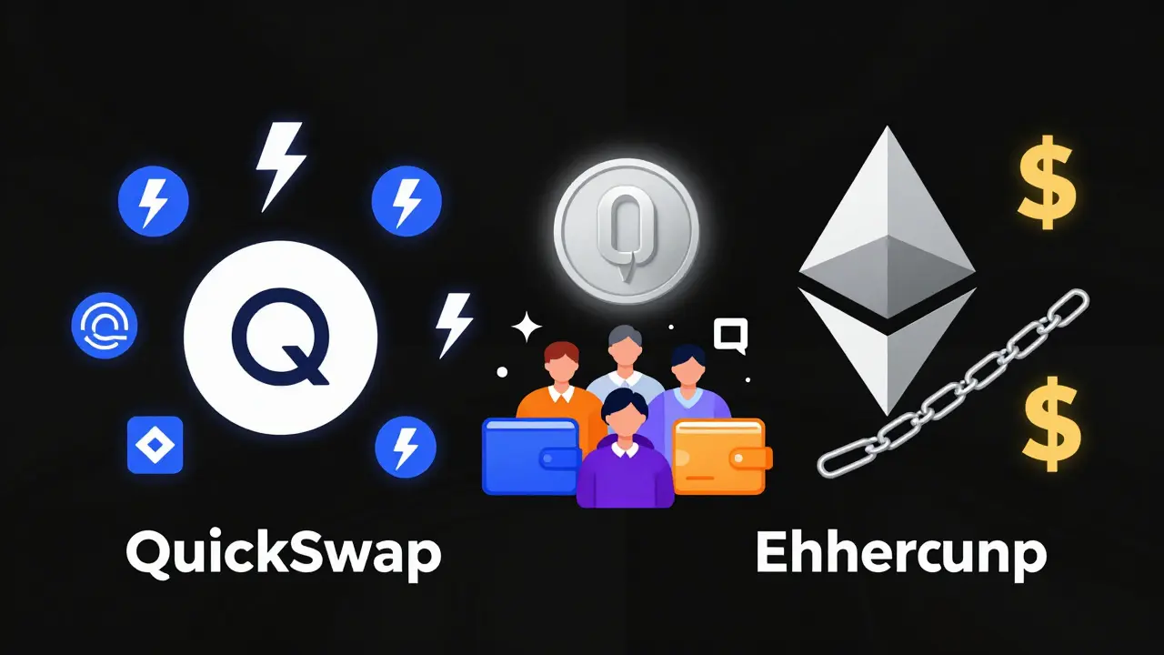 Comparison of QuickSwap on Polygon versus Ethereum DEXs with gas cost and speed differences.