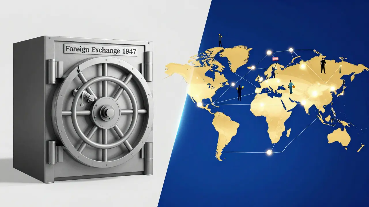 Contrast between a locked bank vault and a global blockchain network connecting users.