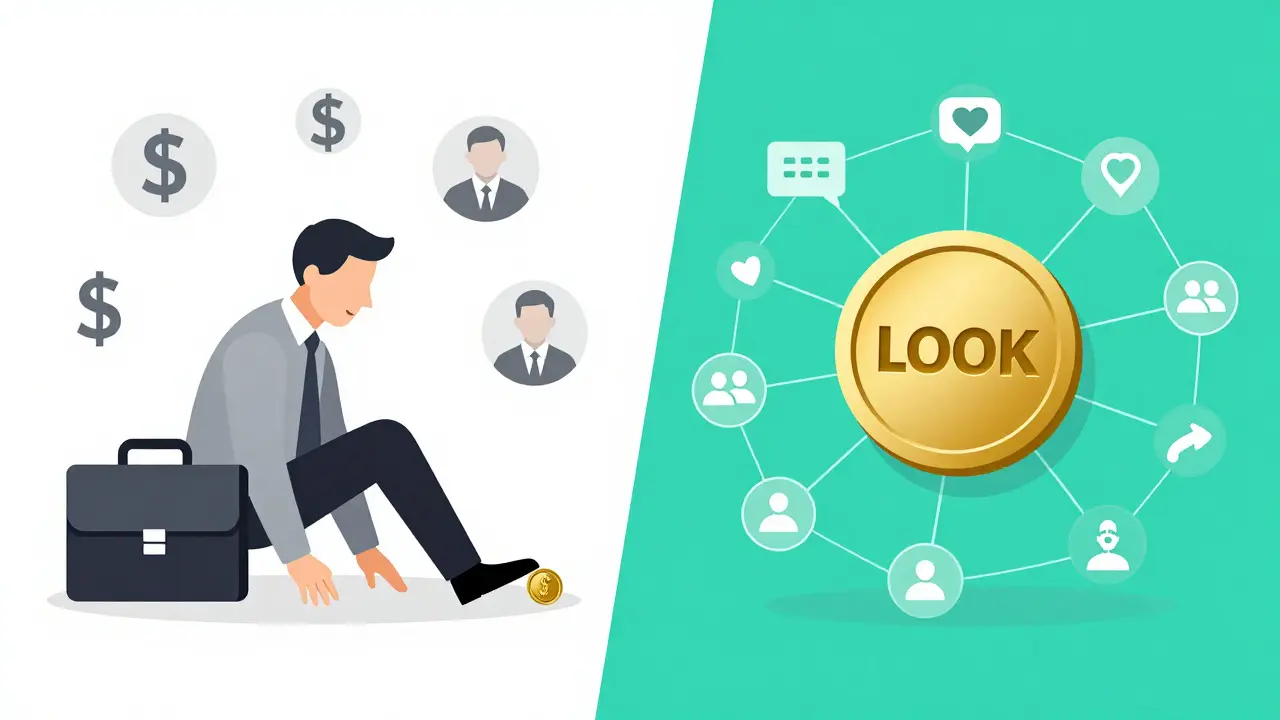 Corporate symbols crushing a token vs. a community-powered LOOK token rising above decentralized nodes.