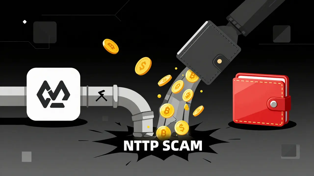 Crypto wallet being drained into a black hole labeled 'NFTP SCAM' with golden tokens flowing out.