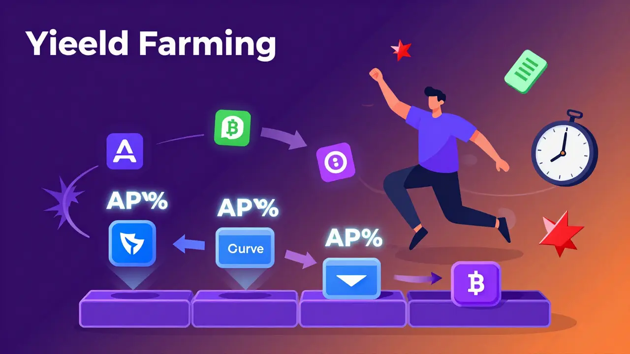 Dynamic vector dashboard showing crypto assets jumping between DeFi protocols with glowing APY numbers and gas fee warnings.