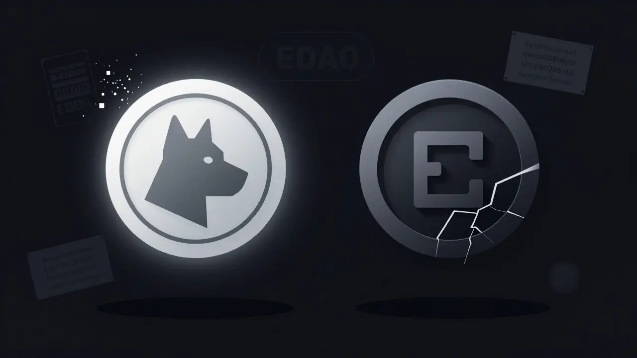 EDOGE and EDAO tokens in a dark void, one dim and crumbling, the other barely glowing with digital dust.