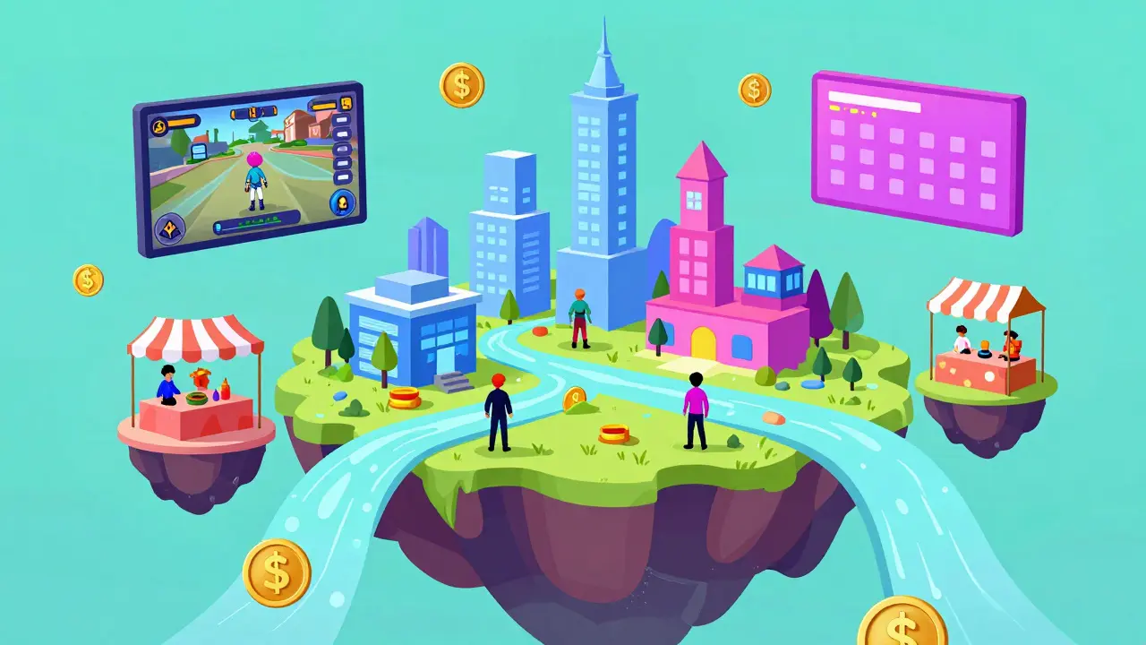 Floating metaverse island with streamers, avatars, and $BULL tokens flowing between digital buildings